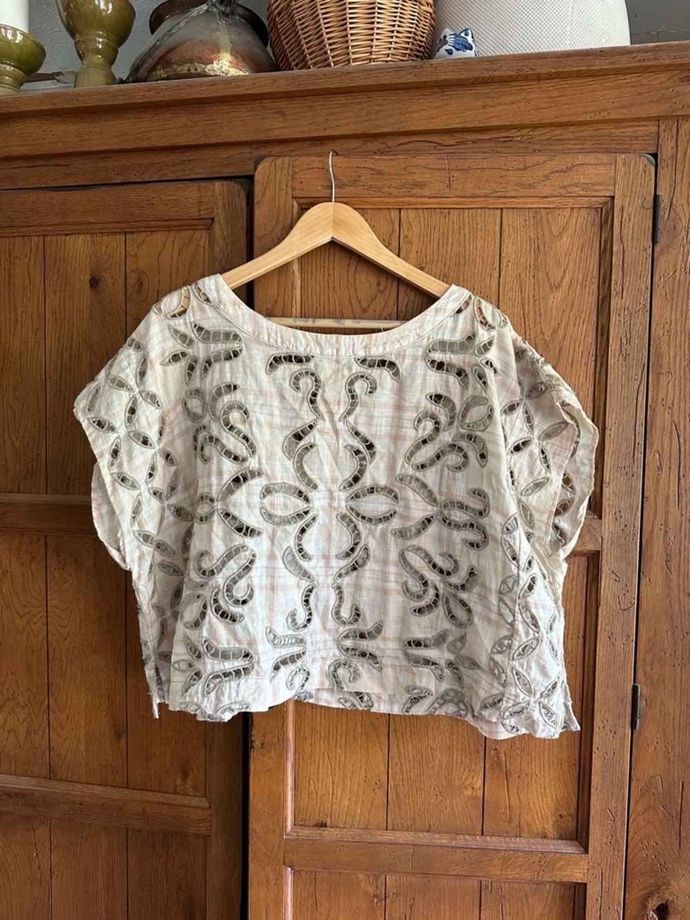 We The Free Cream Embroidered Cutwork Boxy Top
